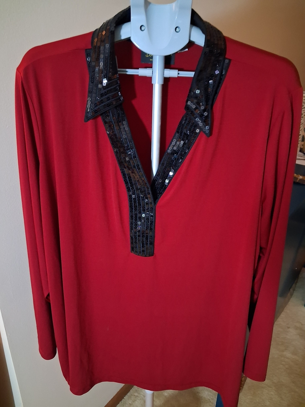 Bob Mackie Wearable Art - Red Long Sleeve V-Neck Top with Black Sequin Trim